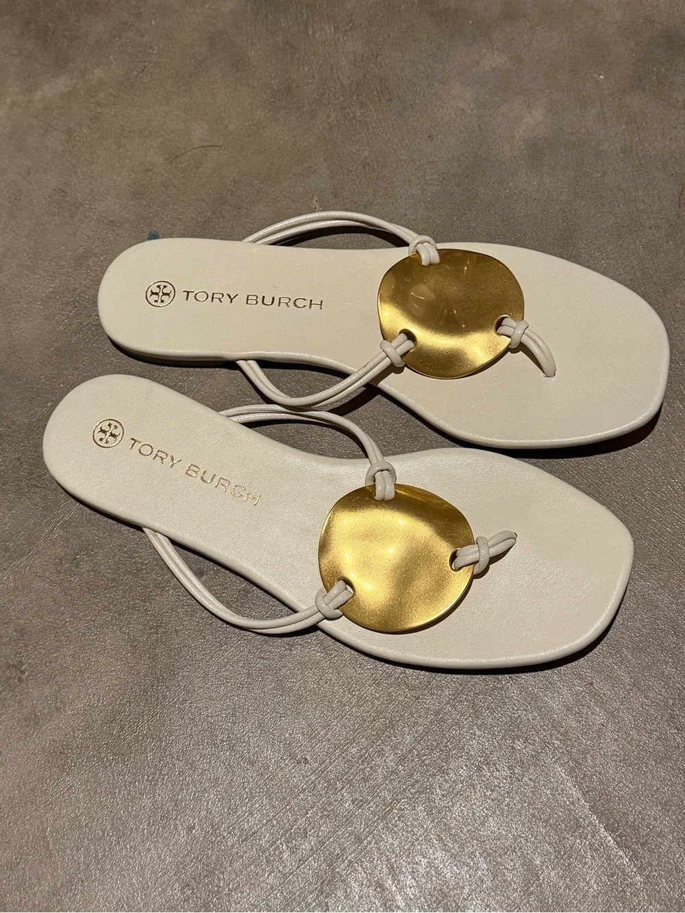 Tory Burch Patos White Leather Sandals with Gold Disc